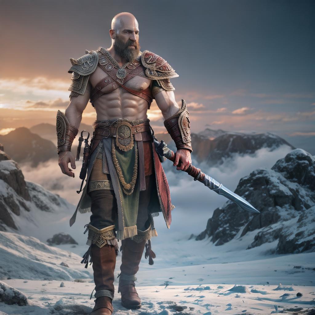  God of war hyperrealistic, full body, detailed clothing, highly detailed, cinematic lighting, stunningly beautiful, intricate, sharp focus, f/1. 8, 85mm, (centered image composition), (professionally color graded), ((bright soft diffused light)), volumetric fog, trending on instagram, trending on tumblr, HDR 4K, 8K