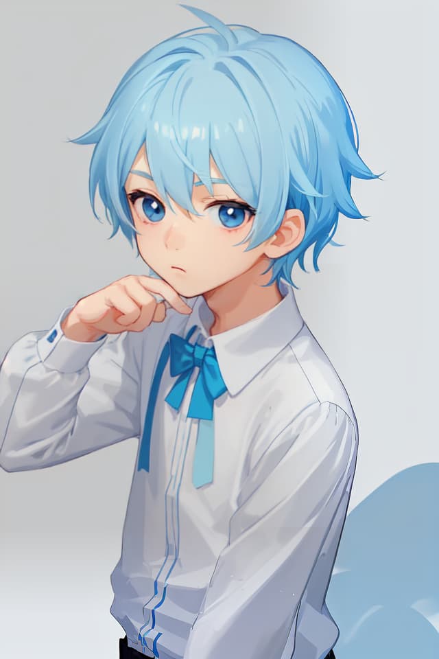  Small boy, mini character, cute, light blue hair