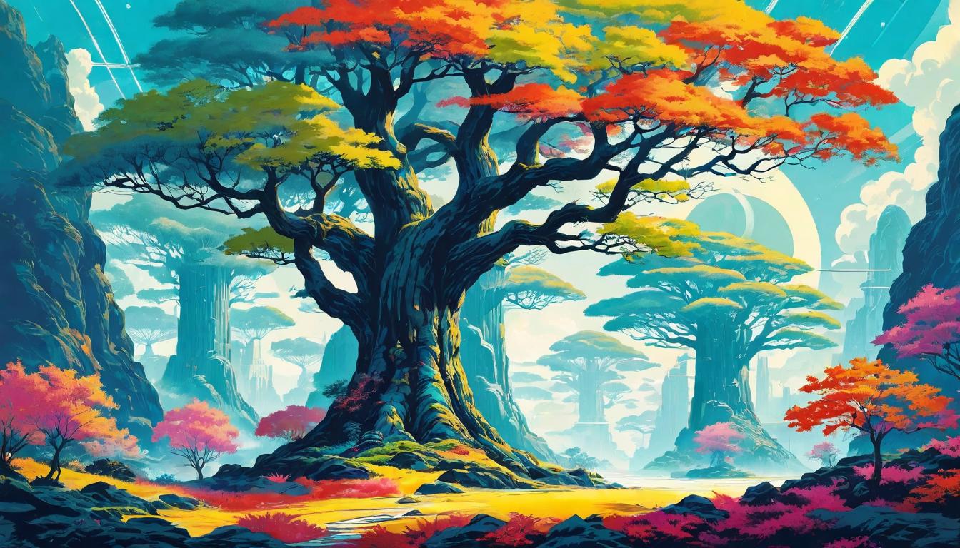  retro futuristic Two trees entwined at their roots and trunks, symbolizing unity and catalyst for change, leaves vibrant with the colors of change, coexistence, deep connection lvintage sci fi, 50s and 60s style, atomic age, vibrant, highly detailed