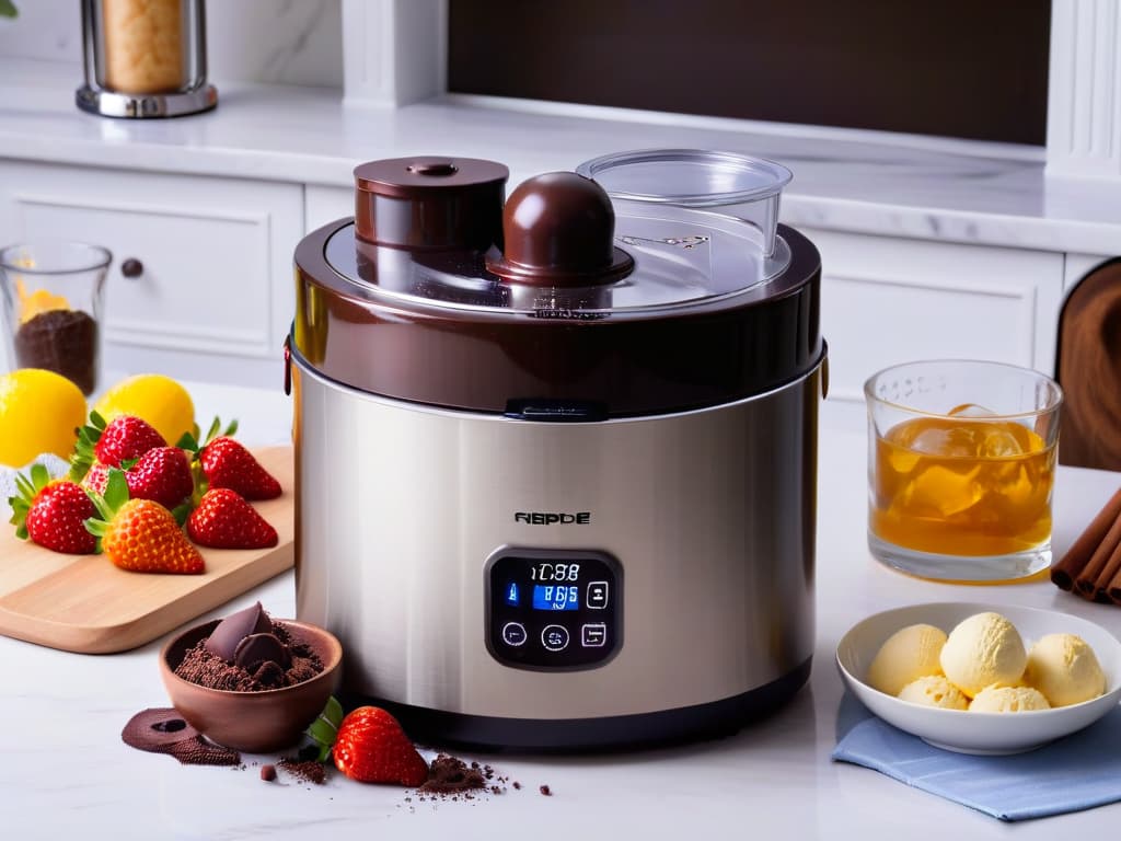  A sleek and modern stainless steel ice cream maker sitting on a marble countertop, surrounded by fresh ingredients like vanilla beans, ripe strawberries, and rich dark chocolate. The machine is turned on, with a soft glow emanating from its digital display, showcasing the process of churning delicious gourmet ice cream. hyperrealistic, full body, detailed clothing, highly detailed, cinematic lighting, stunningly beautiful, intricate, sharp focus, f/1. 8, 85mm, (centered image composition), (professionally color graded), ((bright soft diffused light)), volumetric fog, trending on instagram, trending on tumblr, HDR 4K, 8K