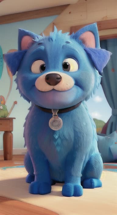  {Max snuggled up in his comfy dog bed inside the house, fast asleep, The big blue dog is large with sky blue fur, big round eyes, a black nose, and floppy ears.