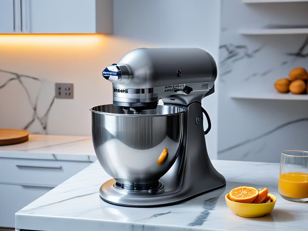  An ultradetailed image of a sleek, modern premium stand mixer in a luxurious kitchen setting. The stand mixer is a shiny metallic silver with a large glass bowl, surrounded by marble countertops and soft, indirect lighting that highlights its elegant design. The image captures the mixer from a slightly elevated angle, showcasing its clean lines and sophisticated aesthetic. hyperrealistic, full body, detailed clothing, highly detailed, cinematic lighting, stunningly beautiful, intricate, sharp focus, f/1. 8, 85mm, (centered image composition), (professionally color graded), ((bright soft diffused light)), volumetric fog, trending on instagram, trending on tumblr, HDR 4K, 8K