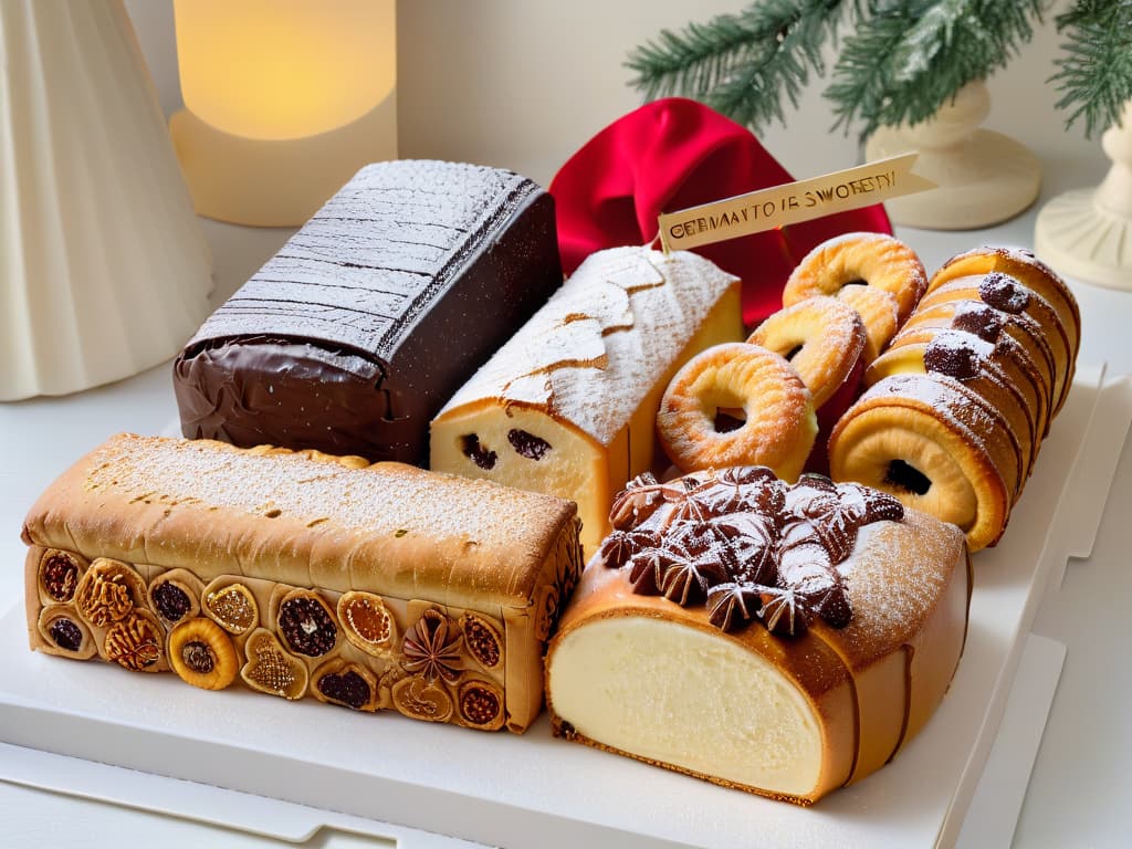  A closeup, ultradetailed image of a tray filled with an assortment of European Christmas sweets: German Stollen, Spanish Polvorones, French Bûche de Noël, Italian Panettone, and British Mince Pies. The sweets are neatly arranged on a sleek, modern platter, showcasing their textures and colors in stunning clarity. The Stollen is dusted with powdered sugar, the Polvorones are crumbling delicately, the Bûche de Noël is adorned with intricate chocolate decorations, the Panettone is studded with candied fruits, and the Mince Pies glisten with a golden glaze. The image captures the essence of European holiday treats in a simple yet elegant presentation. hyperrealistic, full body, detailed clothing, highly detailed, cinematic lighting, stunningly beautiful, intricate, sharp focus, f/1. 8, 85mm, (centered image composition), (professionally color graded), ((bright soft diffused light)), volumetric fog, trending on instagram, trending on tumblr, HDR 4K, 8K