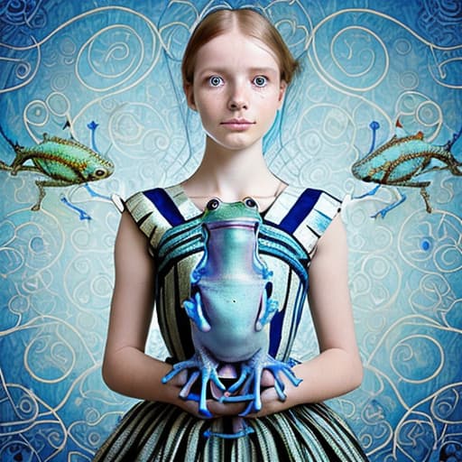  A young woman holding a coloured frog gecko in a sky blue and white striped 👗 surrounded by striped rusty metal robotic fishes from a dstopian labyrinth , stable diffusion, absolute reality v1.6, perfect symmetry, photo realistic raw, in the style of hr giger and arthur rackham victorian era, atmospheric and wabi sabi look