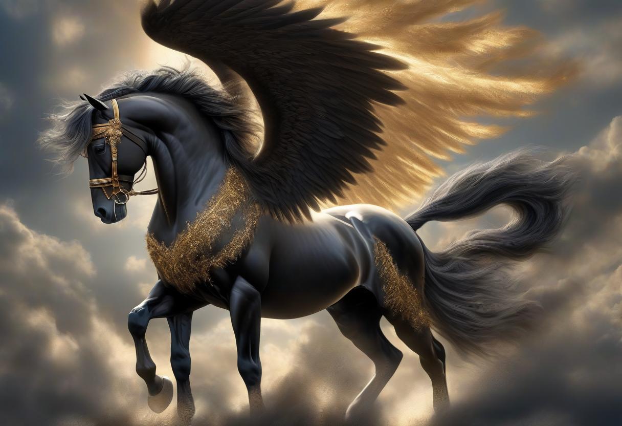  A large black horse with large black wings, a beautiful golden mane, golden decorations, skies, a golden order with black clouds. hyperrealistic, full body, detailed clothing, highly detailed, cinematic lighting, stunningly beautiful, intricate, sharp focus, f/1. 8, 85mm, (centered image composition), (professionally color graded), ((bright soft diffused light)), volumetric fog, trending on instagram, trending on tumblr, HDR 4K, 8K