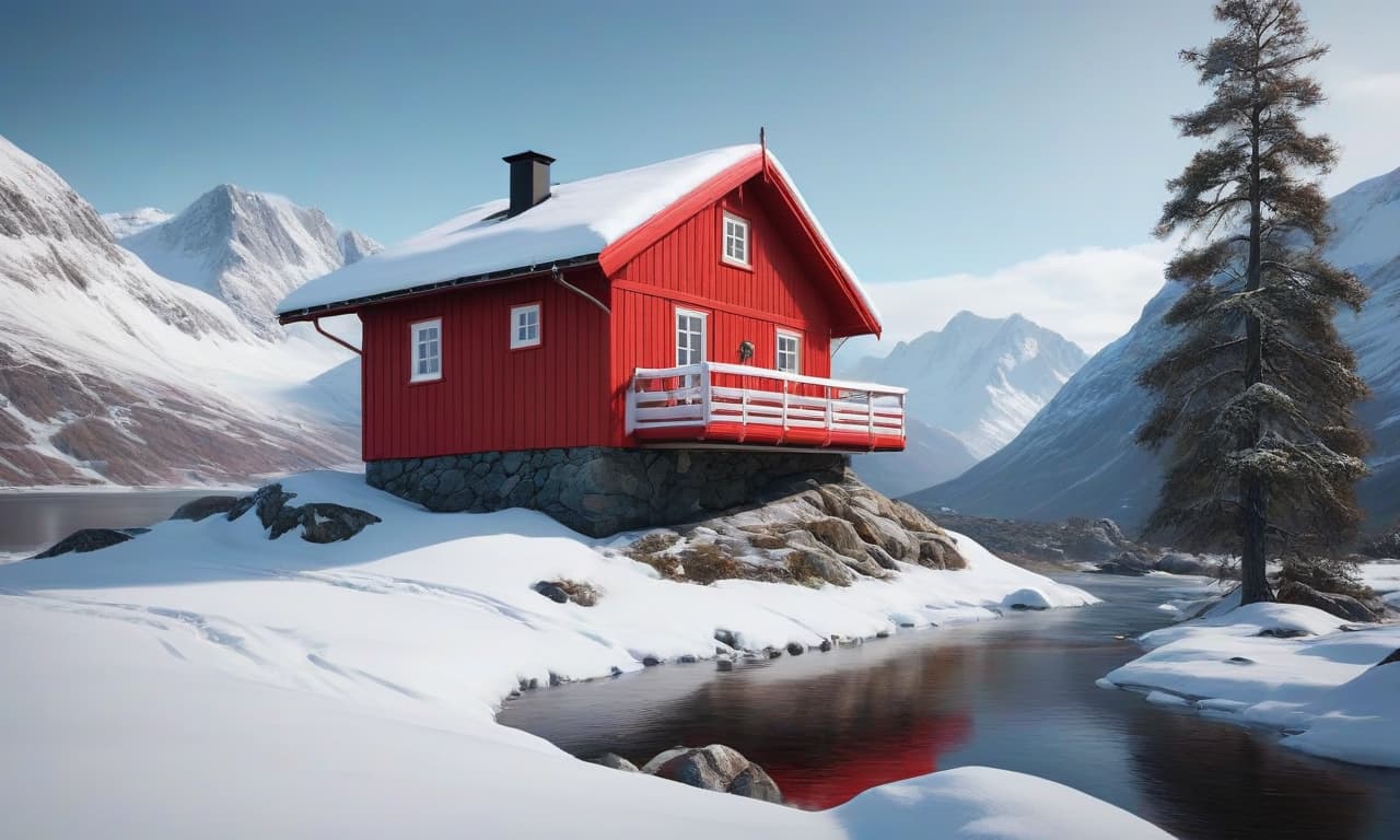  concept art A small red Norwegian house far in the mountains during winter, minimalism. . digital artwork, illustrative, painterly, matte painting, highly detailed hyperrealistic, full body, detailed clothing, highly detailed, cinematic lighting, stunningly beautiful, intricate, sharp focus, f/1. 8, 85mm, (centered image composition), (professionally color graded), ((bright soft diffused light)), volumetric fog, trending on instagram, trending on tumblr, HDR 4K, 8K