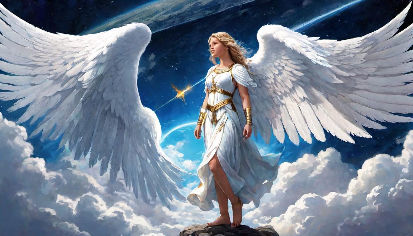  digital illustration, Angelic figures observing Earth from above, ethereal, supportive gaze, celestial guardianship, pride, soaring spirits, looking at viewer, dynamic pose, (intricate details, masterpiece, best quality)