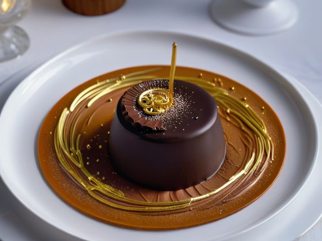  A closeup, ultradetailed image of a delicate, glossy chocolate truffle resting on a sleek, modern plate. The truffle is perfectly round, coated in a thin layer of shimmering edible gold dust that catches the light, showcasing intricate swirls and patterns. The plate is made of elegant black porcelain, providing a stark contrast to the luxurious dessert. The background is blurred, emphasizing the meticulous craftsmanship and sensory allure of this decadent treat. hyperrealistic, full body, detailed clothing, highly detailed, cinematic lighting, stunningly beautiful, intricate, sharp focus, f/1. 8, 85mm, (centered image composition), (professionally color graded), ((bright soft diffused light)), volumetric fog, trending on instagram, trending on tumblr, HDR 4K, 8K