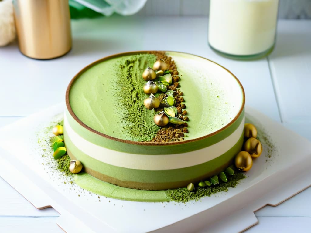  A minimalist, highresolution image showcasing a perfectly layered tiramisu de matcha in a modern, elegant serving dish. The dessert is beautifully garnished with a dusting of vibrant green matcha powder on top, with delicate swirls of whipped cream and a sprinkle of crushed pistachios for added texture. The background is clean and simple, emphasizing the intricate layers and colors of the tiramisu, creating a visually striking and appetizing composition for the gourmet kitchen article. hyperrealistic, full body, detailed clothing, highly detailed, cinematic lighting, stunningly beautiful, intricate, sharp focus, f/1. 8, 85mm, (centered image composition), (professionally color graded), ((bright soft diffused light)), volumetric fog, trending on instagram, trending on tumblr, HDR 4K, 8K