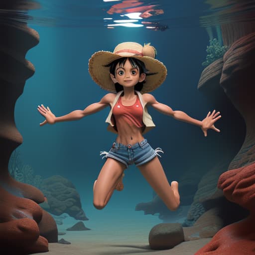  tanned Luffy in red vest and blue strings walking underwater his legs are giant her arms are reach up view from the back