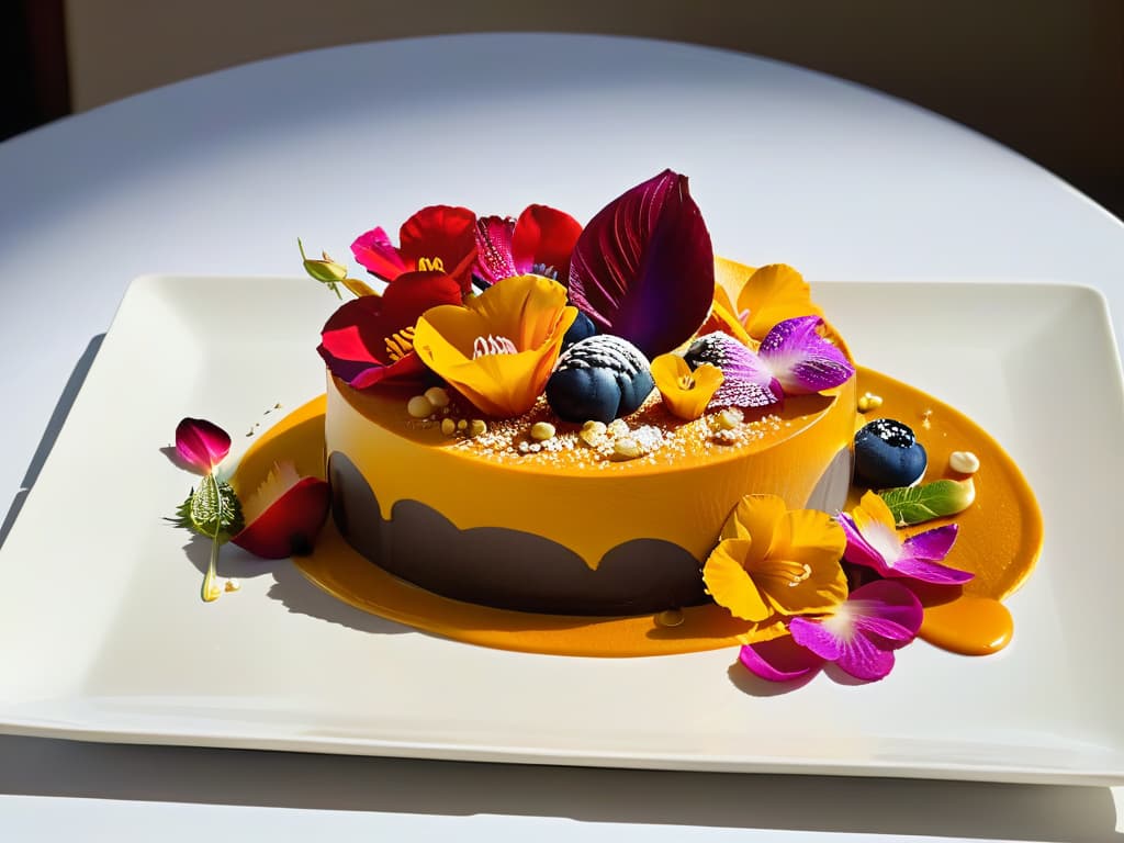  A closeup, ultradetailed image of a vibrant, intricately decorated Africaninspired dessert plated on a modern, minimalist dish. The dessert is a fusion of traditional African flavors and local ingredients, showcasing a beautiful blend of colors, textures, and shapes that reflect the rich culinary heritage being reimagined in a contemporary context. The dessert is garnished with delicate edible flowers and gold leaf accents, adding a touch of elegance to the visually stunning composition. hyperrealistic, full body, detailed clothing, highly detailed, cinematic lighting, stunningly beautiful, intricate, sharp focus, f/1. 8, 85mm, (centered image composition), (professionally color graded), ((bright soft diffused light)), volumetric fog, trending on instagram, trending on tumblr, HDR 4K, 8K