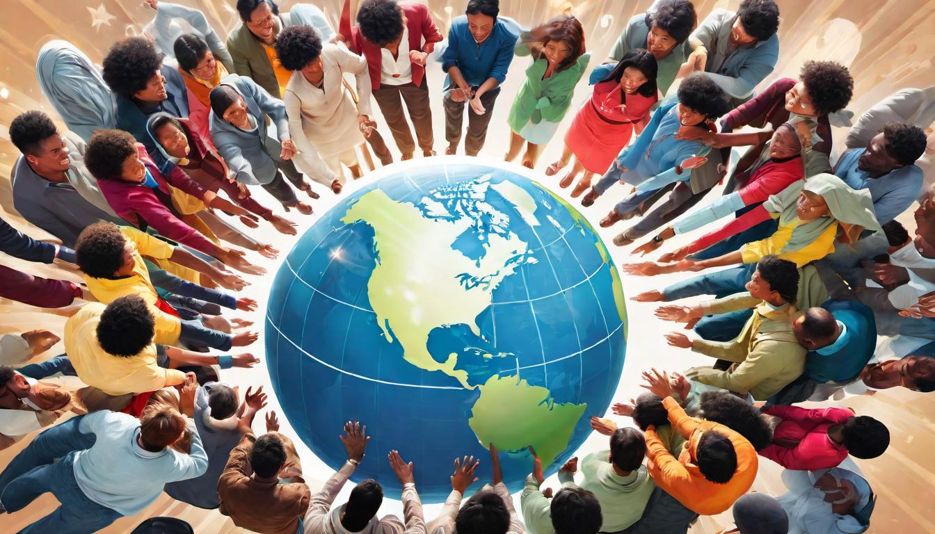  digital illustration A globe encircled by diverse people, all reaching towards the light at the center, demand for healer virtues, global awakening looking at viewer, dynamic pose, (intricate details, masterpiece, best quality)