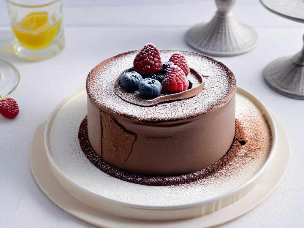  An 8k ultradetailed image of a perfectly risen chocolate soufflé, showcasing a rich, decadent texture with a glossy sheen on top. The soufflé is elegantly presented on a simple, white plate, surrounded by a dusting of cocoa powder and a few fresh raspberries for a pop of color. The image captures the intricate details of the dessert, highlighting the light and airy consistency of the soufflé while exuding an air of sophistication and culinary mastery. hyperrealistic, full body, detailed clothing, highly detailed, cinematic lighting, stunningly beautiful, intricate, sharp focus, f/1. 8, 85mm, (centered image composition), (professionally color graded), ((bright soft diffused light)), volumetric fog, trending on instagram, trending on tumblr, HDR 4K, 8K