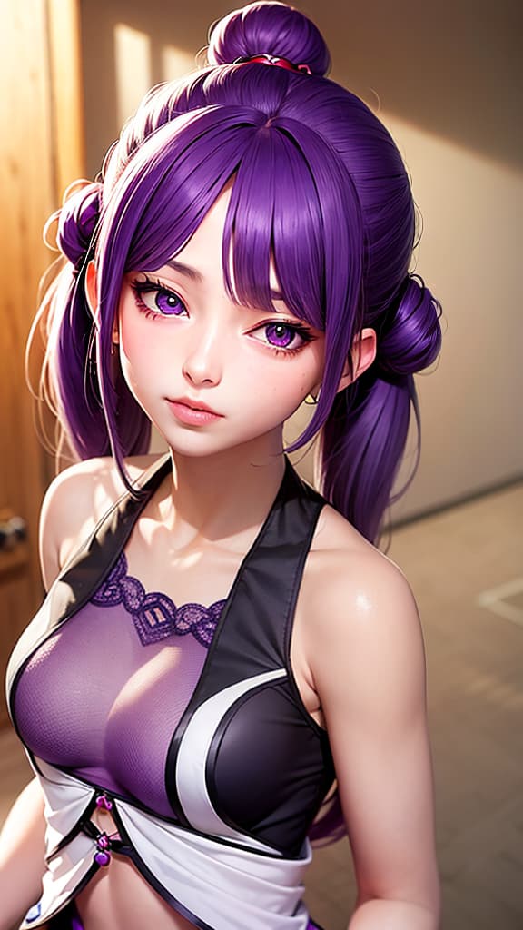  a small , keqing (genshin impact),purple eyes,purple hair,twintails, hair ornament,bare shoulders,dress,hair bun,detached sleeves,