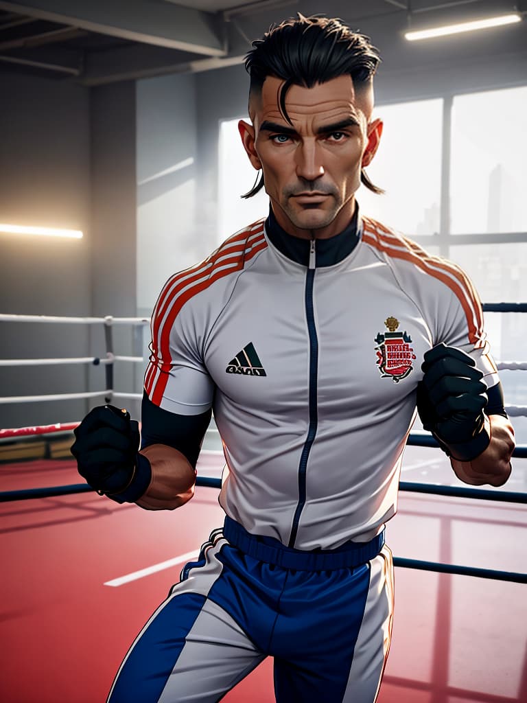  an image in the 3D anime style. Ranger Jeff Seacombe from the TV series Gentlemen, who looks like Vinnie Jones. A character in a tracksuit training in a boxing gym. Jeff is working on percussion techniques, focused and determined in training. hyperrealistic, full body, detailed clothing, highly detailed, cinematic lighting, stunningly beautiful, intricate, sharp focus, f/1. 8, 85mm, (centered image composition), (professionally color graded), ((bright soft diffused light)), volumetric fog, trending on instagram, trending on tumblr, HDR 4K, 8K