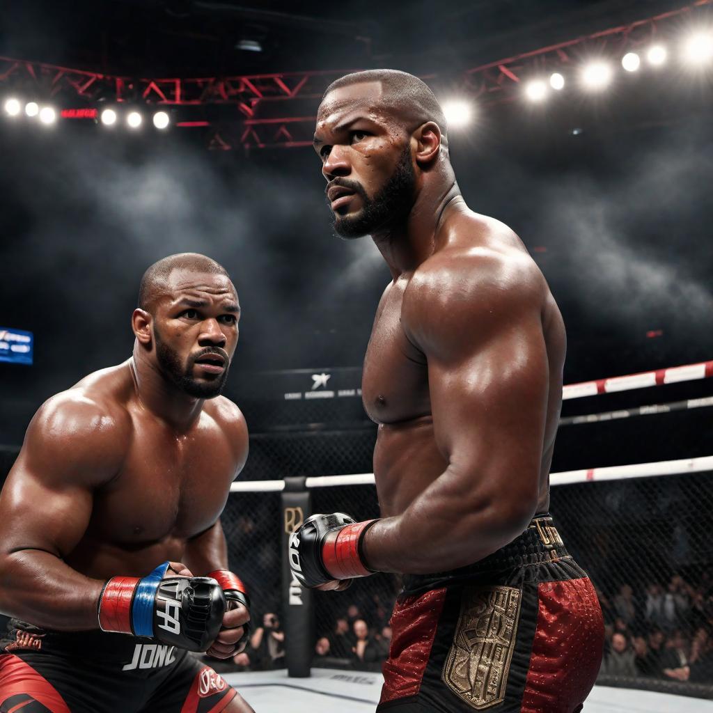  An image of Jon Jones in a fighting arena looking disappointed and losing a match. Jon Jones should be wearing fighting gear and the background should show a large crowd watching the fight. hyperrealistic, full body, detailed clothing, highly detailed, cinematic lighting, stunningly beautiful, intricate, sharp focus, f/1. 8, 85mm, (centered image composition), (professionally color graded), ((bright soft diffused light)), volumetric fog, trending on instagram, trending on tumblr, HDR 4K, 8K