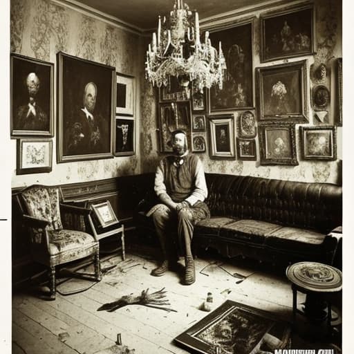  A old cluttered victorian Manor. walls are covered from to to bottom with paintings of creepy monsters. tons of art on the wall. alchohol bottles on the ground. a sitting man on the ground smoking