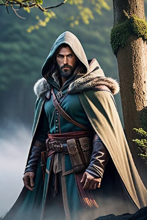  Bearded half elf ranger wearing a ragged hooded cloak looks over a misty vally hyperrealistic, full body, detailed clothing, highly detailed, cinematic lighting, stunningly beautiful, intricate, sharp focus, f/1. 8, 85mm, (centered image composition), (professionally color graded), ((bright soft diffused light)), volumetric fog, trending on instagram, trending on tumblr, HDR 4K, 8K