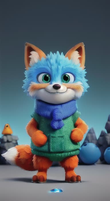  {Error the fox pressing the blue button with his paw, looking puzzled as nothing occurs., Error is a small, bright orange fox with a fluffy tail and big, inquisitive eyes. He has a mischievous yet kind expression and wears a tiny green scarf.