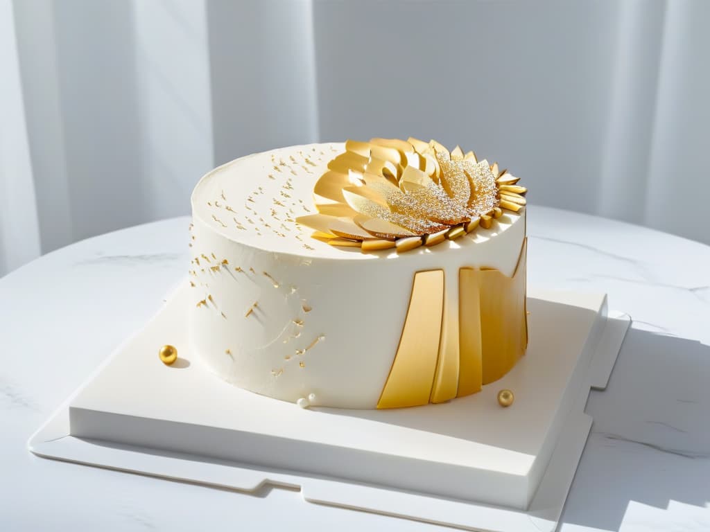  An intricately designed cake featuring a modern minimalist aesthetic with clean lines and geometric shapes, adorned with edible gold leaf detailing reminiscent of classical art patterns. The cake is displayed on a sleek, marble plinth against a simple white backdrop, creating a striking contrast that highlights the fusion of classic artistry and contemporary design in pastrymaking. hyperrealistic, full body, detailed clothing, highly detailed, cinematic lighting, stunningly beautiful, intricate, sharp focus, f/1. 8, 85mm, (centered image composition), (professionally color graded), ((bright soft diffused light)), volumetric fog, trending on instagram, trending on tumblr, HDR 4K, 8K