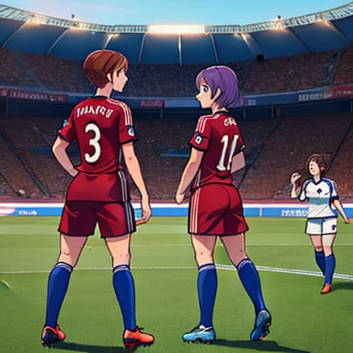  2 girls watching each other wearing soccer team outfits with the male coach standing from afar