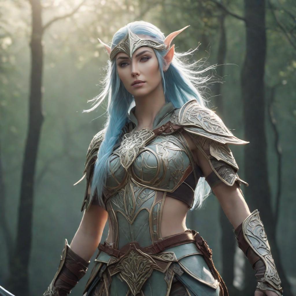  anime style elven warrior woman, cute, hyper detail, full HD hyperrealistic, full body, detailed clothing, highly detailed, cinematic lighting, stunningly beautiful, intricate, sharp focus, f/1. 8, 85mm, (centered image composition), (professionally color graded), ((bright soft diffused light)), volumetric fog, trending on instagram, trending on tumblr, HDR 4K, 8K