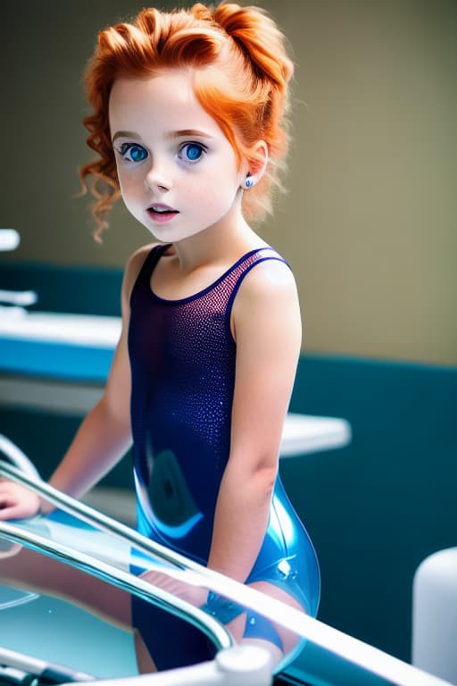 modelshoot style A amber haired youngest tiny  tween  in a shiny clear plastic see-through leotard lying on a medical examination table with her    open