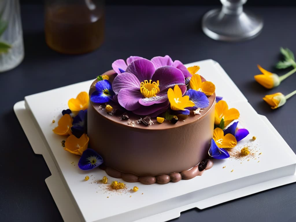  An ultradetailed image of a pristine white plate with a decadent chocolate mousse topped with a delicate array of edible flowers in vibrant hues such as lavender, rose petals, and pansies. The dessert is elegantly presented with a dusting of gold flakes, set against a sleek black backdrop to enhance the minimalistic aesthetic. The flowers are meticulously arranged to create a visually stunning and appetizing composition, embodying the fusion of culinary artistry and natural beauty. hyperrealistic, full body, detailed clothing, highly detailed, cinematic lighting, stunningly beautiful, intricate, sharp focus, f/1. 8, 85mm, (centered image composition), (professionally color graded), ((bright soft diffused light)), volumetric fog, trending on instagram, trending on tumblr, HDR 4K, 8K