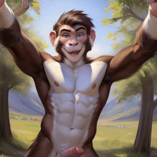  by chunie, by meesh, solo, feral, male monkey, anatomically correct monkey, anatomically correct penis, balls, muscular, slim body, detailed pupils, open eyes, human penis:1.3, solo focus, masterpiece, anatomically correct monkey feet, (front view, presenting foot), open eyes, digital art, masterpiece, 4k, fine details,