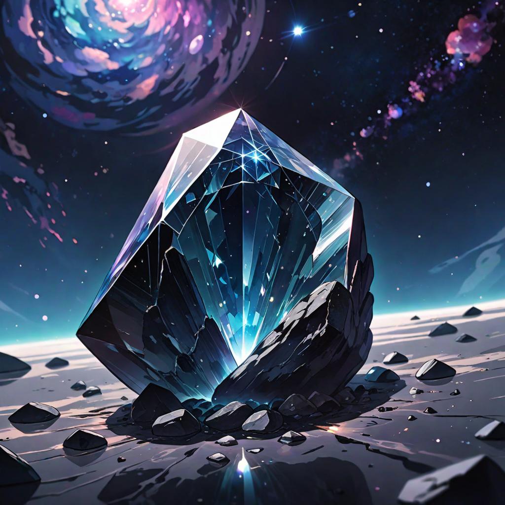  anime style artwork, (masterpiece:1.1), (highest quality:1.1), A solitary dark stone crystal floats weightlessly in the vast expanse of space, its smooth surface reflecting the inky blackness of the cosmos around it. Its faceted edges catch the faint glow of distant stars, casting a hauntingly beautiful light upon its surface. The crystal seems to pulse with an otherworldly energy, as if holding secrets and mysteries that have been hidden for eons. Its form is both ancient and timeless, a testament to the power and beauty of the universe itself., anime style, key visual, vibrant, studio anime, highly detailed