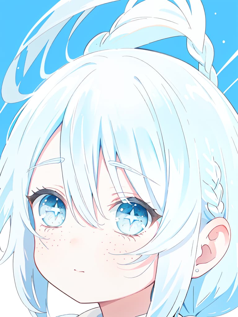  Braid, Light Blue and White Hair, turn around, freckles, WHITE EYE, background is blue, profile, masterpiece, best quality,8k,ultra detailed,high resolution,an extremely delicate and beautiful,hyper detail