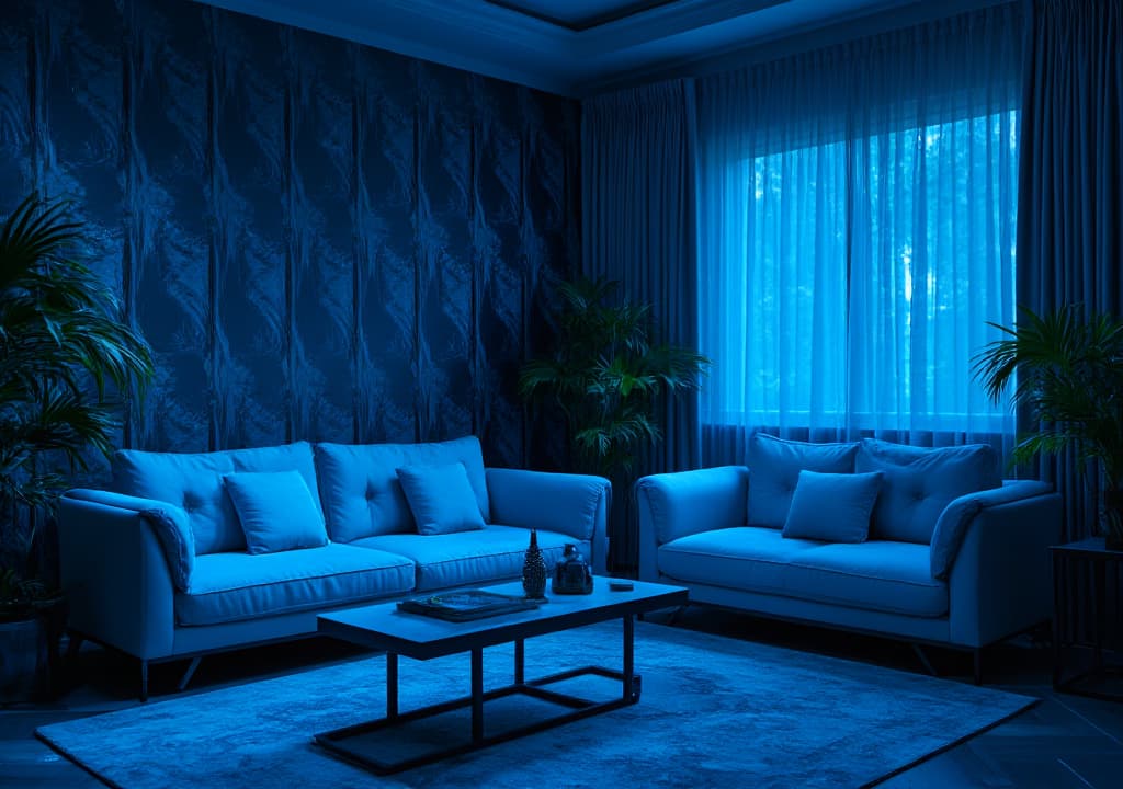  good quality, high quality, capture an unedited 8k photograph styled after mario testino, featuring a sharp, hyperrealistic, and highly detailed view of a living room designed in the art deco style, marked by 1920s 30s geometric patterns and luxury materials. the image introduces a vibrant blue effect (rgb color value for blue), professionally color graded with bright, soft diffused light, and shot using a 100mm f/2.8 telephoto lens under nocturnal lighting. this image, reminiscent of a mystery movie, employs cinestill 800t film grain to enhance a nostalgic style, drawing inspiration from past decades with vintage color schemes and dense, intricately blurred backgrounds that amplify the scene's stunning beauty, details