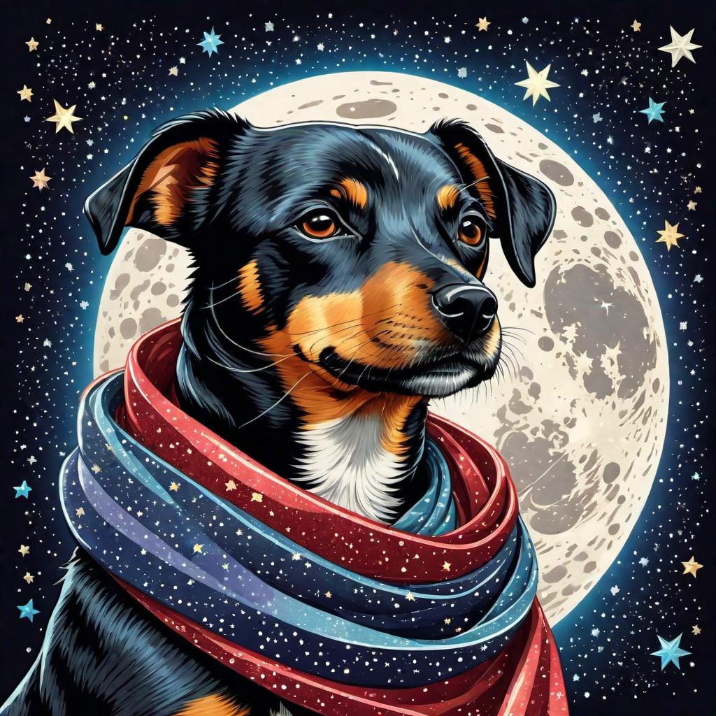  An illustrated portrait, head of jalil dog in space wearing glitter scarf standing on a moon with falling stars, Beautiful colors, pencil sketches, Vector illustration, Cel shaded, Flat, 2D, style of dan matutina, In the style of studio ghibli, Art by Hiroshi Saitō, bold lines, Bold the drawing lines, Amazing details, highly detailed, high quality