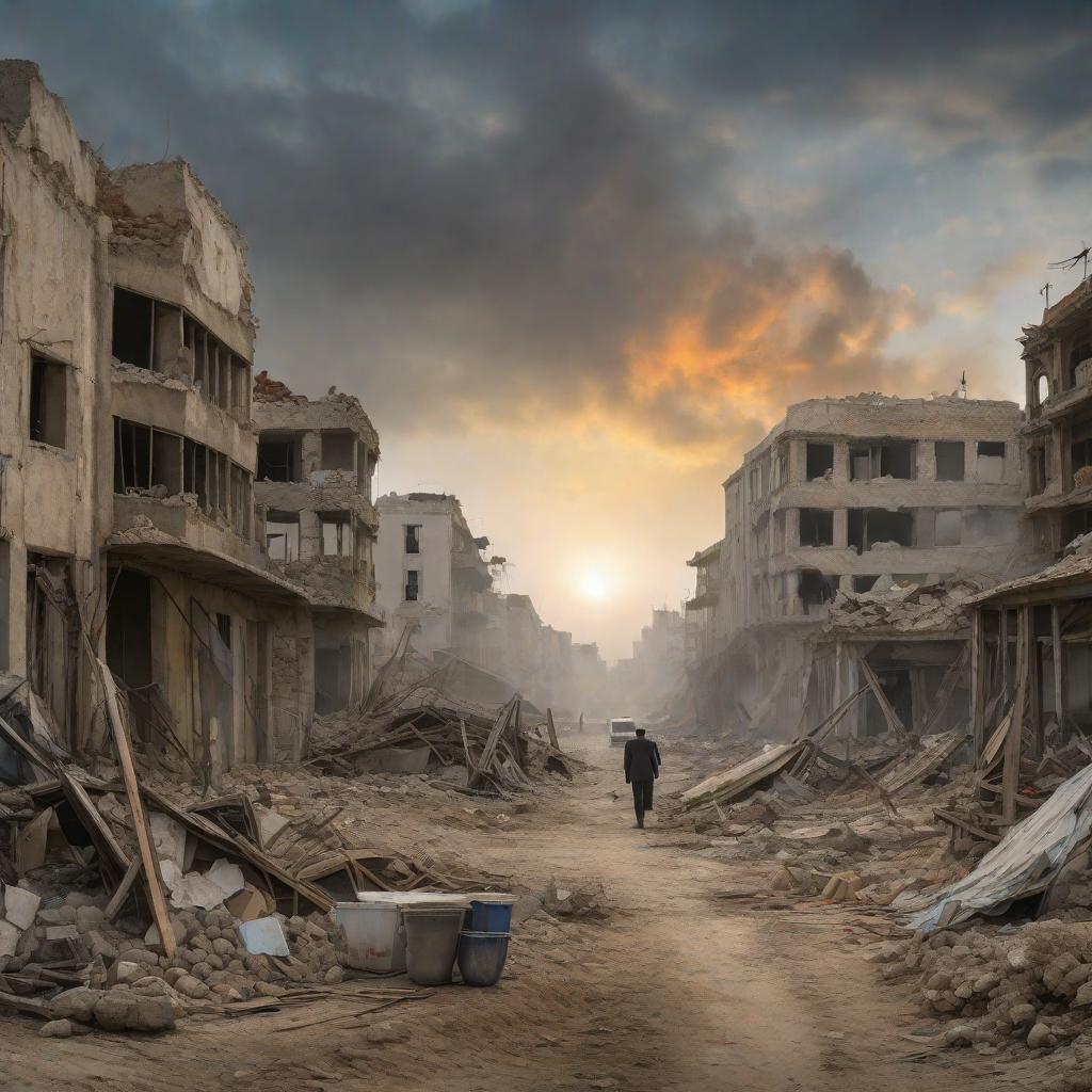  A picture of Gaza showing destroyed buildings and ruins from the war. Despite the destruction, high quality high detail painting by lucian freud, hd, photorealistic lighting, style of van gogh hyperrealistic, full body, detailed clothing, highly detailed, cinematic lighting, stunningly beautiful, intricate, sharp focus, f/1. 8, 85mm, (centered image composition), (professionally color graded), ((bright soft diffused light)), volumetric fog, trending on instagram, trending on tumblr, HDR 4K, 8K