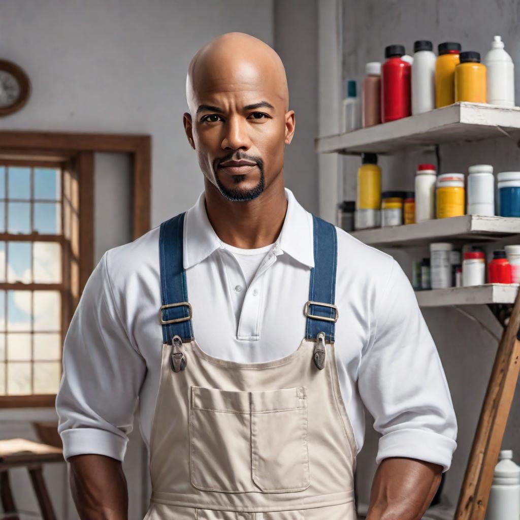  An African American male with a bald head, resembling Mr. Clean, as a professional house painter in anime style. The character should be in full house painting gear, including painter's overalls, holding a paint roller. The style should feature distinctive anime characteristics, bold lines, and vibrant colors. Include elements that represent the house painting profession like paint splashes or brushes. Focus on the character and the painting theme with a minimalistic background. hyperrealistic, full body, detailed clothing, highly detailed, cinematic lighting, stunningly beautiful, intricate, sharp focus, f/1. 8, 85mm, (centered image composition), (professionally color graded), ((bright soft diffused light)), volumetric fog, trending on instagram, trending on tumblr, HDR 4K, 8K