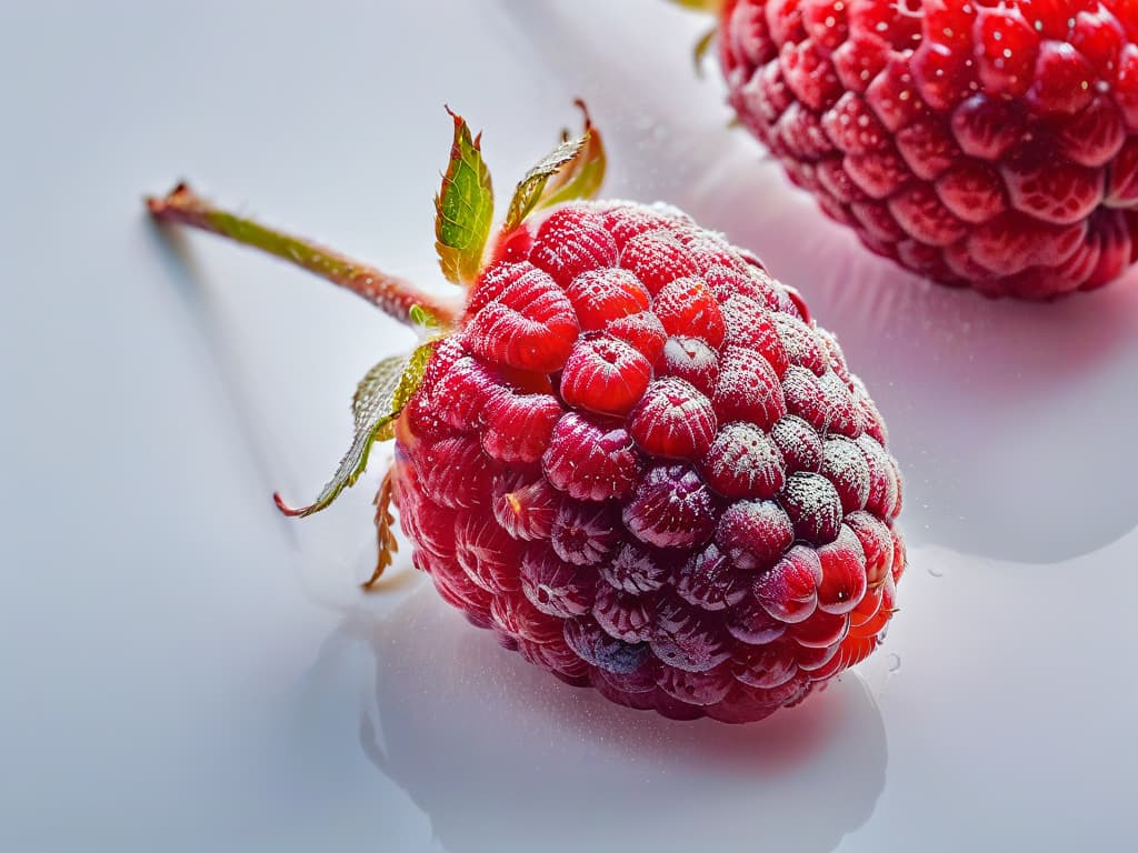  A closeup, ultradetailed image of a vibrant red raspberry being gently pressed and releasing tiny droplets of juice, set against a stark white background. The focus is on the glistening texture of the fruit's surface, showcasing the natural gellike properties present in pectinrich fruits. hyperrealistic, full body, detailed clothing, highly detailed, cinematic lighting, stunningly beautiful, intricate, sharp focus, f/1. 8, 85mm, (centered image composition), (professionally color graded), ((bright soft diffused light)), volumetric fog, trending on instagram, trending on tumblr, HDR 4K, 8K