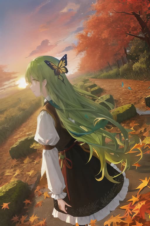  Wooden spirit, 🧚, yellow -green hair, long hair, leaf dresses, butterfly feathers on the back, autumn leaves, sunset, sunset.