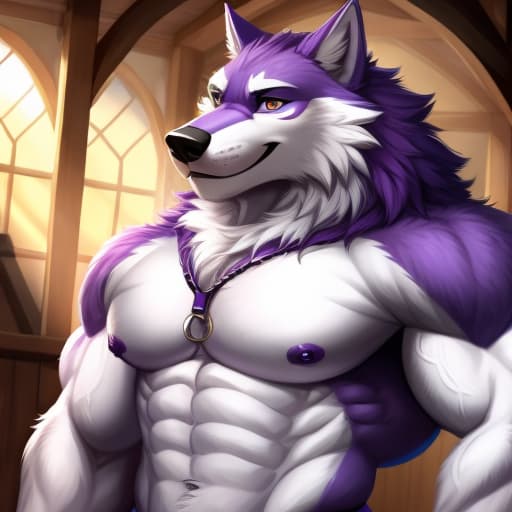  male, muscular, wolf, anthropomorphic, purple and white fur, eyes without irises and pupils, full body, (huge cock) (parasite only in cock), open eyes, digital art, masterpiece, 4k, fine details,