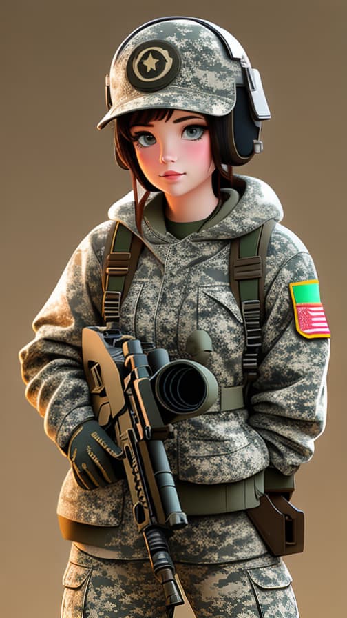  Two heads, commando, camouflage clothing, full US military equipment, military equipment, machine gun, girl, cute.