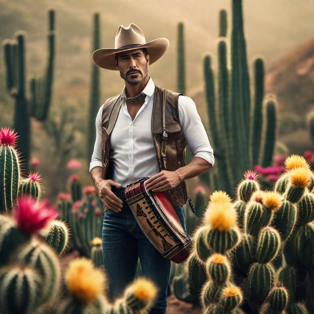  Un acordeon, con un sombrero vueltiao, unos cactus y flores amarillas hyperrealistic, full body, detailed clothing, highly detailed, cinematic lighting, stunningly beautiful, intricate, sharp focus, f/1. 8, 85mm, (centered image composition), (professionally color graded), ((bright soft diffused light)), volumetric fog, trending on instagram, trending on tumblr, HDR 4K, 8K