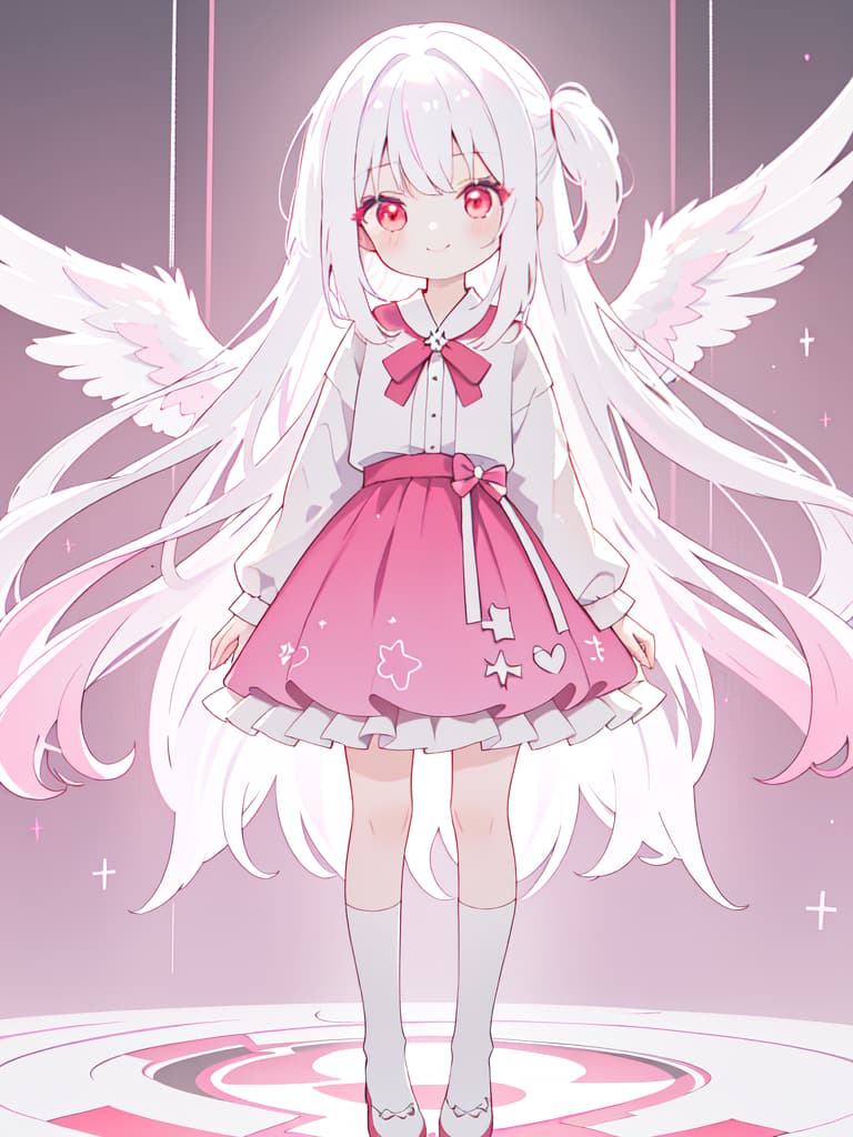  1 Girl, solo, white hair, hair tip dark pink, gradation, twosideup, long hair, angel, smile, whole body, standing picture, red eyes, masterpiece, best quality,8k,ultra detailed,high resolution,an extremely delicate and beautiful,hyper detail