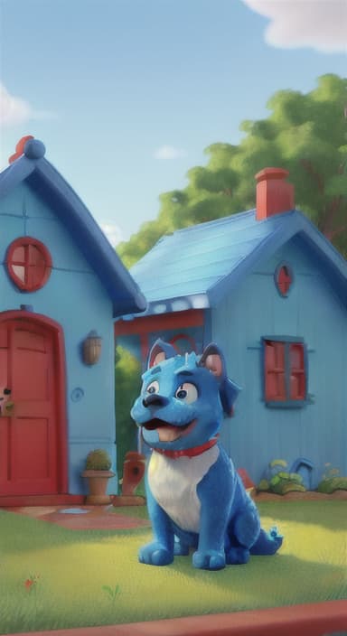  {Max the big blue dog standing in front of a cozy little house with a red door, The big blue dog is large with sky blue fur, big round eyes, a black nose, and floppy ears.