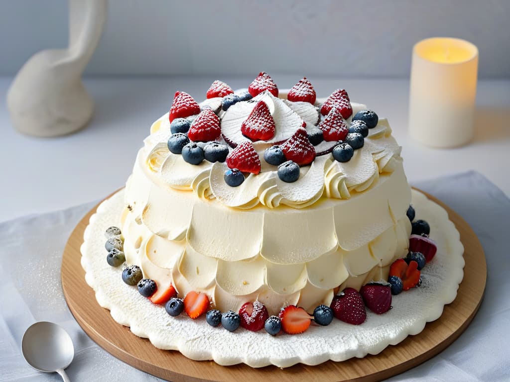  A minimalistic, highly detailed image of a pristine white pavlova dessert, topped with a perfect arrangement of fresh red berries and a light dusting of powdered sugar, set against a clean, modern backdrop. The texture of the meringue should be visible, with delicate peaks and a subtle golden hue. The berries should glisten with freshness, and the overall composition exudes elegance and simplicity. hyperrealistic, full body, detailed clothing, highly detailed, cinematic lighting, stunningly beautiful, intricate, sharp focus, f/1. 8, 85mm, (centered image composition), (professionally color graded), ((bright soft diffused light)), volumetric fog, trending on instagram, trending on tumblr, HDR 4K, 8K