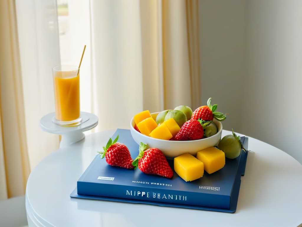  An ultradetailed 8k image of a serene, sunlit kitchen with an immaculate white marble countertop hosting a perfectly arranged display of vibrant, fresh fruits like ripe strawberries, glossy blueberries, and golden mango chunks. The sunlight filters through a sheer curtain, casting a soft, warm glow over the scene, creating a tranquil and inviting ambiance. A sleek, modern blender sits nearby, ready for use, while a stack of crisp recipe books on healthy baking techniques rests neatly in the corner, adding a touch of culinary sophistication to the space. hyperrealistic, full body, detailed clothing, highly detailed, cinematic lighting, stunningly beautiful, intricate, sharp focus, f/1. 8, 85mm, (centered image composition), (professionally color graded), ((bright soft diffused light)), volumetric fog, trending on instagram, trending on tumblr, HDR 4K, 8K