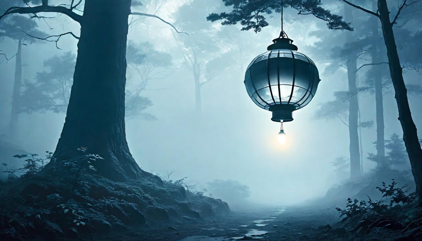  retro futuristic A lantern hanging from a solitary tree in a misty forest, beacon in the fog, grounded presence, light amidst uncertainty lvintage sci fi, 50s and 60s style, atomic age, vibrant, highly detailed