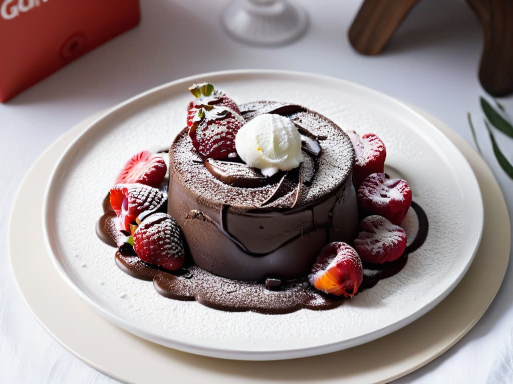  An elegant, minimalistic image of a decadent dessert presented on a sleek, modern plate. The dessert is a rich chocolate lava cake, perfectly molten in the center, topped with a delicate scoop of vanilla bean ice cream, and garnished with fresh raspberries and a dusting of powdered sugar. The background is a soft focus to highlight the dessert, creating a sophisticated and enticing visual for the article. hyperrealistic, full body, detailed clothing, highly detailed, cinematic lighting, stunningly beautiful, intricate, sharp focus, f/1. 8, 85mm, (centered image composition), (professionally color graded), ((bright soft diffused light)), volumetric fog, trending on instagram, trending on tumblr, HDR 4K, 8K