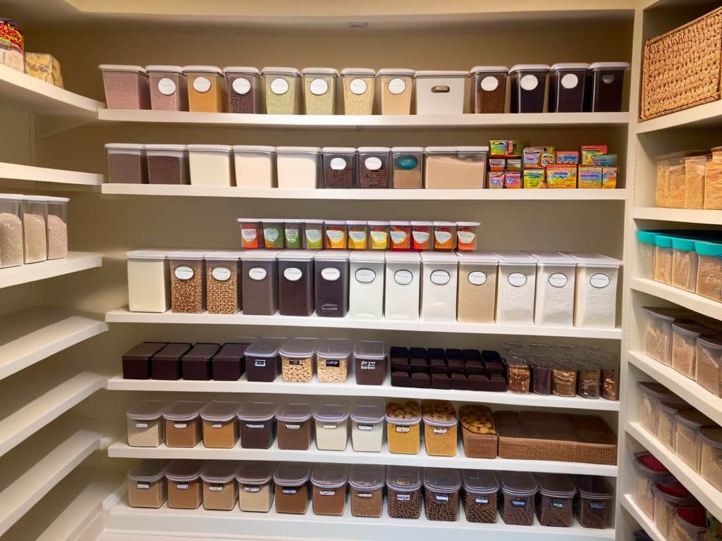  A minimalist, highresolution image of a pristine, organized pantry dedicated to baking ingredients. Shelves neatly lined with clear, labeled containers filled with flour, sugar, chocolate chips, and colorful sprinkles. The backdrop is a soft, neutral color to highlight the vibrant hues of the ingredients. The lighting is natural and soft, casting gentle shadows that add depth to the image. The overall aesthetic is clean, inviting, and visually appealing, embodying the essence of professional and organized ingredient storage. hyperrealistic, full body, detailed clothing, highly detailed, cinematic lighting, stunningly beautiful, intricate, sharp focus, f/1. 8, 85mm, (centered image composition), (professionally color graded), ((bright soft diffused light)), volumetric fog, trending on instagram, trending on tumblr, HDR 4K, 8K