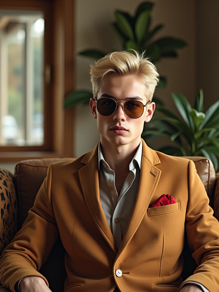  capture a stunningly beautiful, hyperrealistic 8k unedited photograph of a blonde adult male, styled in moschino with ralph lauren accessories. this masterpiece is set in a mid century modern living room, which combines clean lines, organic forms, and a mix of natural and modern elements. the scene, lit with bright, soft diffused snowy light, reflects the nostalgic, vintage inspired image style reminiscent of man ray. the photograph, taken with a polaroid sx 70, showcases dense, intricately designed furnishings and fractal patterns, highlighting a professional, photorealistic aesthetic that is highly detailed and color graded to perfection.