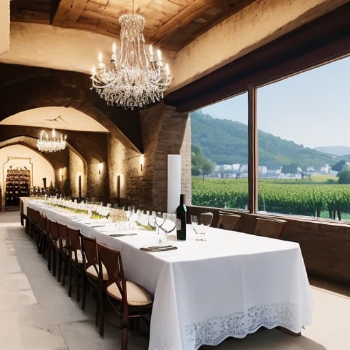  In the background is a wine cellar full of wine barrels. On a table with a white lace tablecloth, a bunch of grapes, a bottle of Riesling white wine, two crystal white wine glasses,