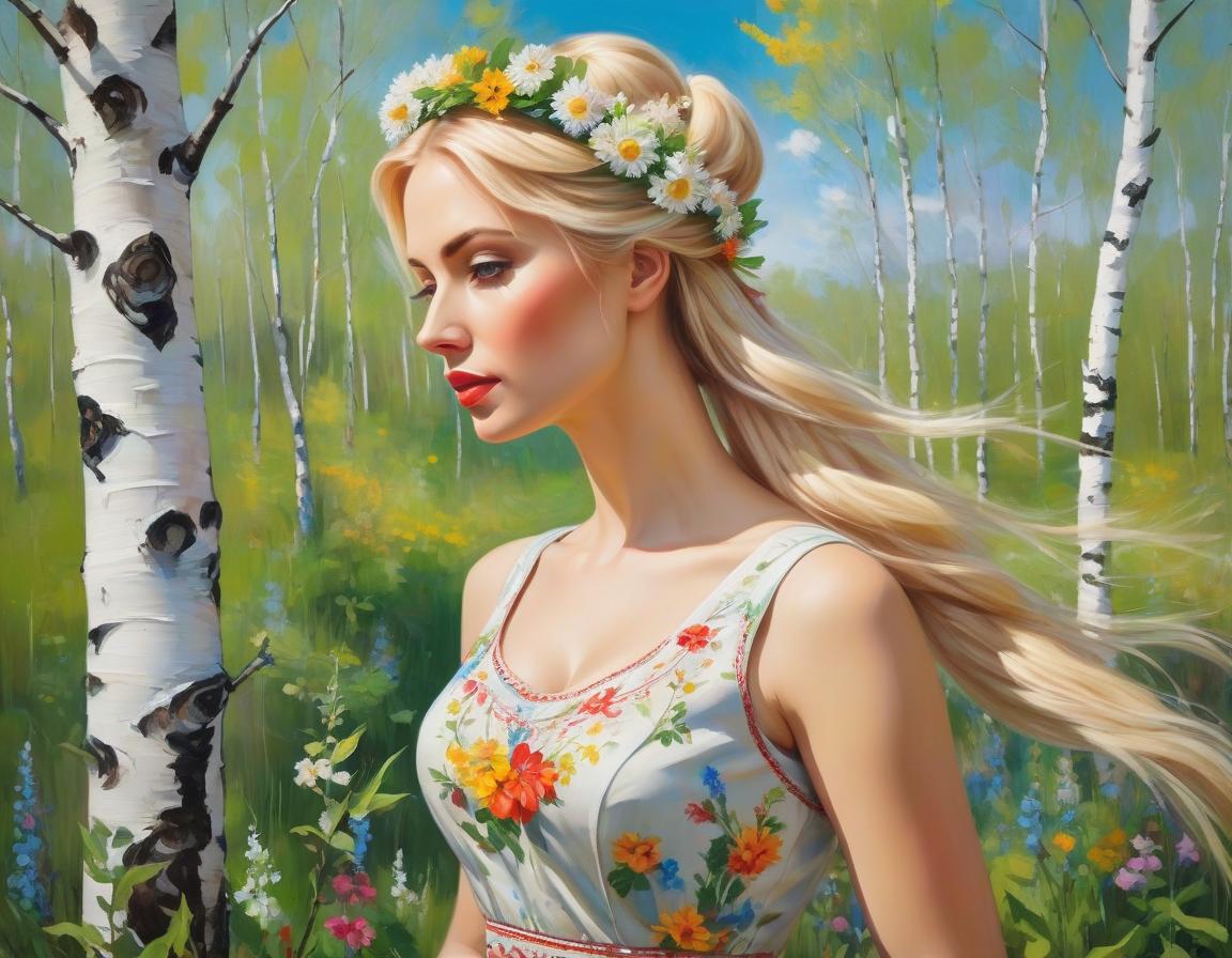  abstract expressionist painting A masterpiece.A beautiful girl with a blond braid in the image of spring stands by a birch tree.She has a wreath of wildflowers on her head.The girl is wearing a beautiful sundress in the Russian folk style. A train of wildflowers stretches from the hem of the sundress at the bottom. In the background there is a background in the form of a green blue gradient.The style is Russian patterns.The most beautiful picture in the world . energetic brushwork, bold colors, abstract forms, expressive, emotional hyperrealistic, full body, detailed clothing, highly detailed, cinematic lighting, stunningly beautiful, intricate, sharp focus, f/1. 8, 85mm, (centered image composition), (professionally color graded), ((bright soft diffused light)), volumetric fog, trending on instagram, trending on tumblr, HDR 4K, 8K